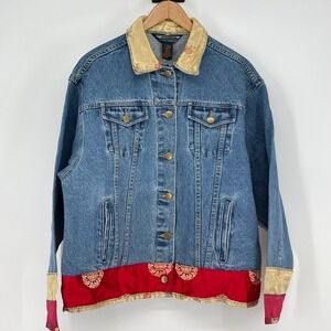 Shaver Lake Denim Jacket Asian Inspired Trim Gold Red Size L Y2K‎ Western